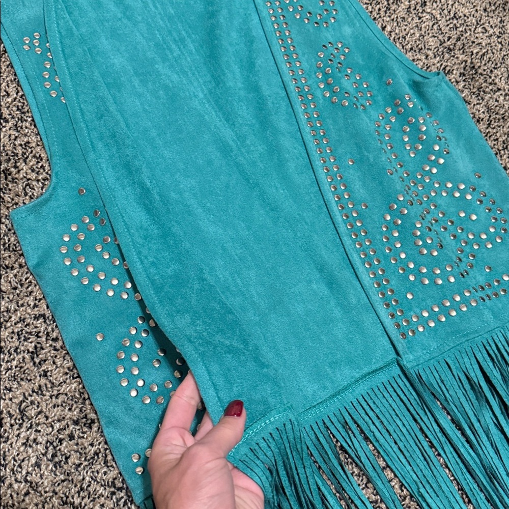 Teal Fringe Vest with Studded Design - Picture 3 of 6